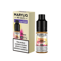 Maryliq Pink Lemonade Nic Salts 10ml bottle and box by Lost Mary, with nicotine warning.