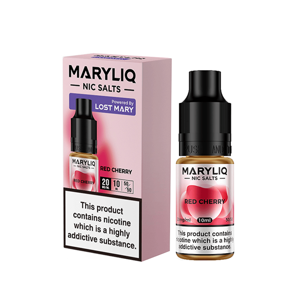 Maryliq Red Cherry vape juice box and bottle, featuring Lost Mary branding.