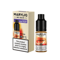 Maryliq Sour Red 10ml Nic Salt by Lost Mary, displayed with packaging and bottle.