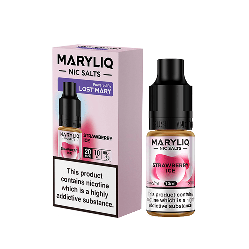 Maryliq Strawberry Ice nic salt bottle and box, by Lost Mary, featuring nicotine warning.