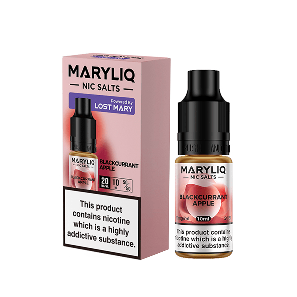 Maryliq Blackcurrant Apple nic salts by Lost Mary, 10ml bottle and packaging.