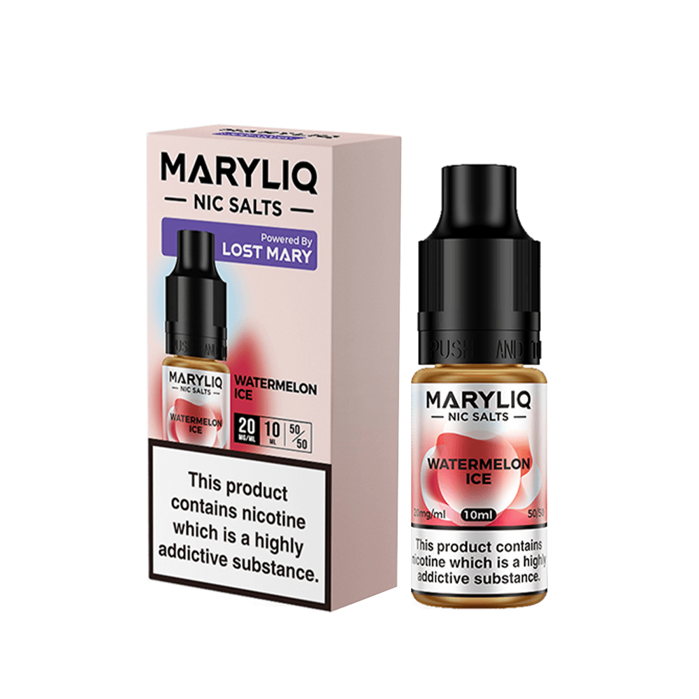 Maryliq Watermelon Ice nicotine salt e-liquid bottle and packaging, 10ml, by Lost Mary.