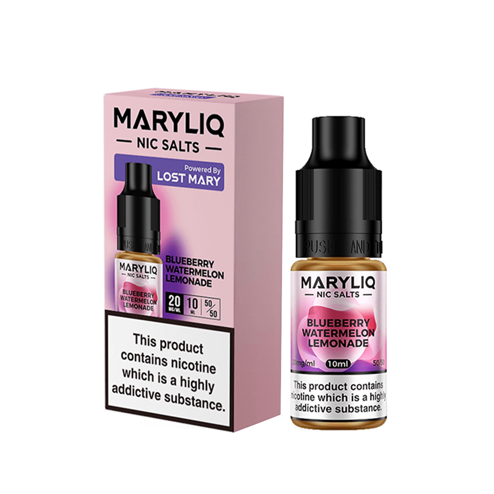 Maryliq Nic Salts Blueberry Watermelon Lemonade e-liquid bottle and packaging by Lost Mary.