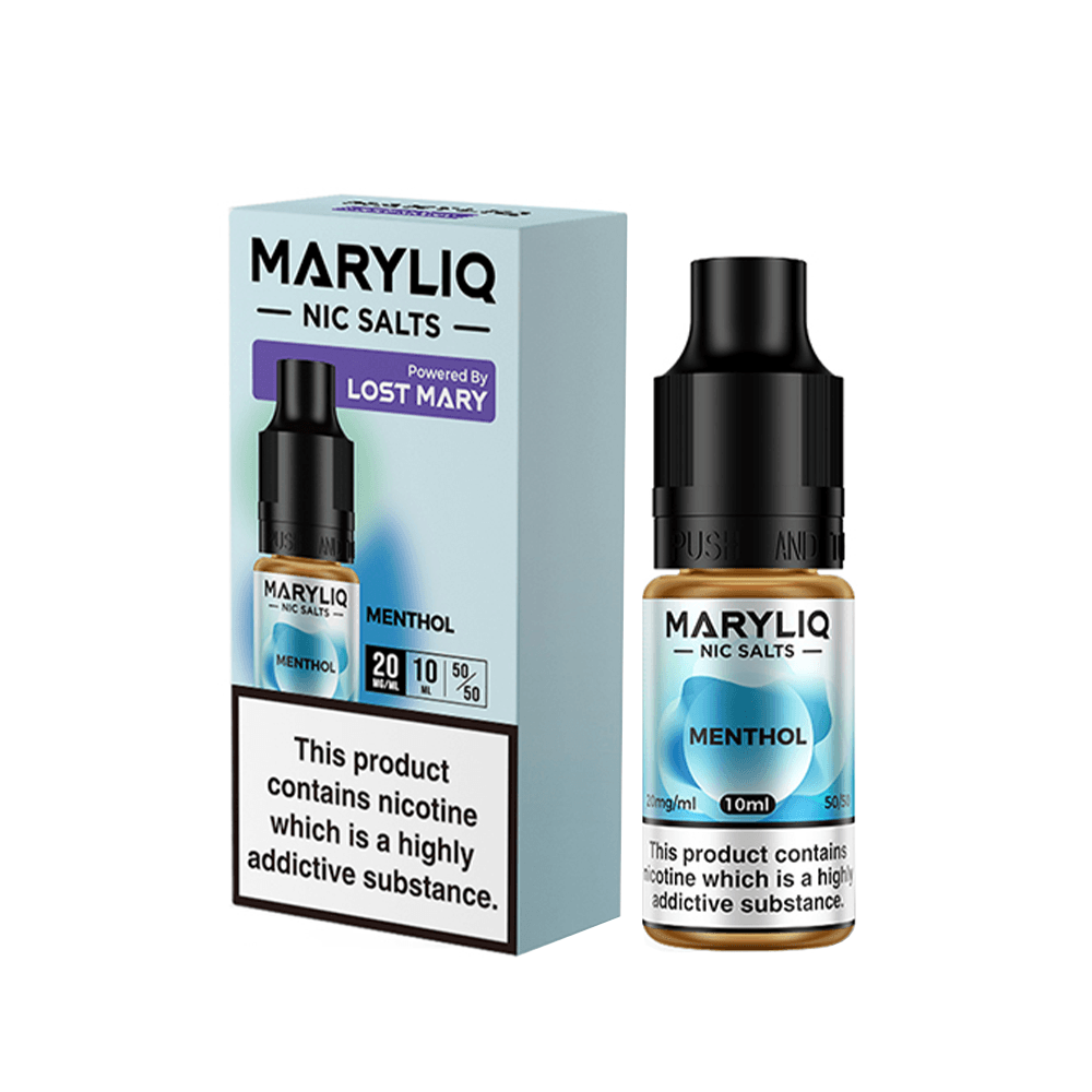 Maryliq Menthol Nic Salts by Lost Mary, 10ml bottle and box, with nicotine warning label.