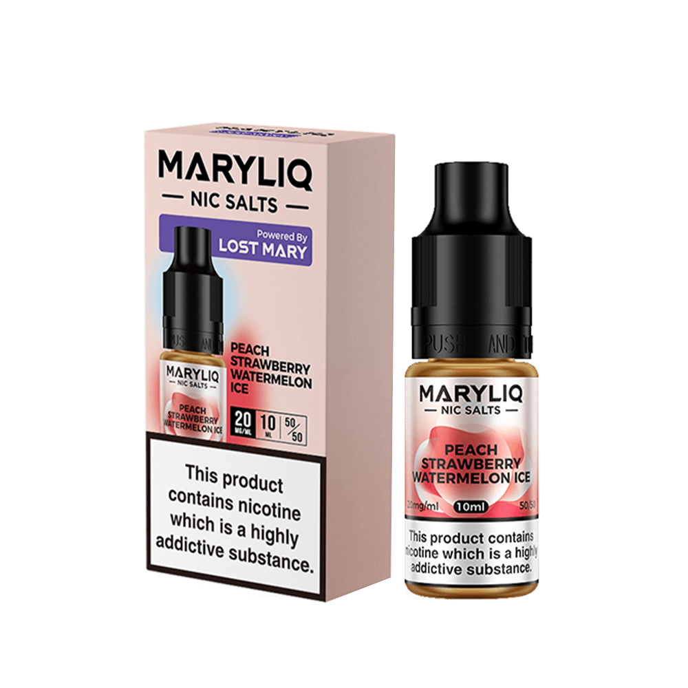 Maryliq Nic Salts Peach Strawberry Watermelon Ice 10ml bottle and box, branded by Lost Mary.