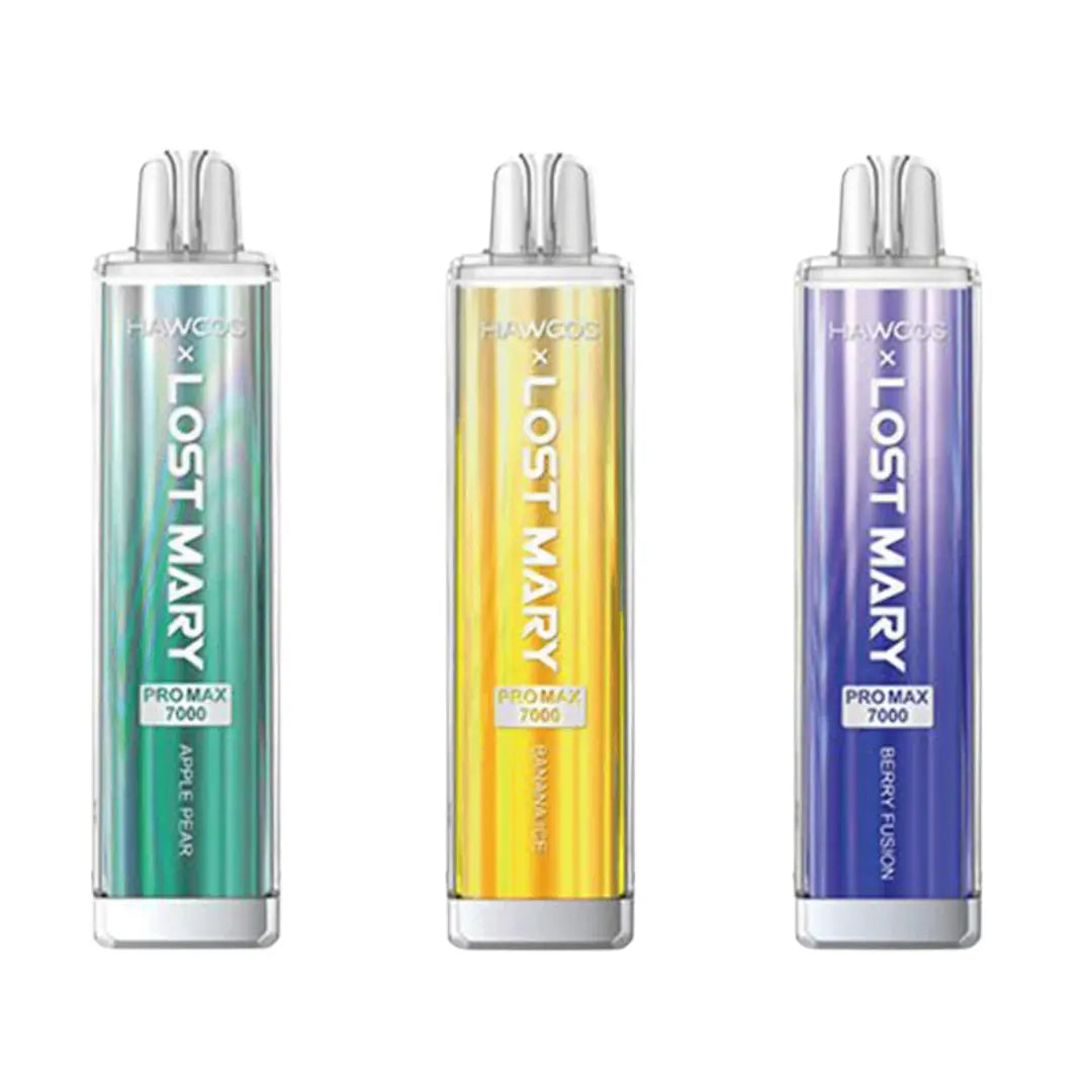 Three Lost Mary Pro Max 7000 Disposable Vape devices featuring sleek, gradient finishes in flavours Apple Pear, Pineapple ice, and Berry Fusion.