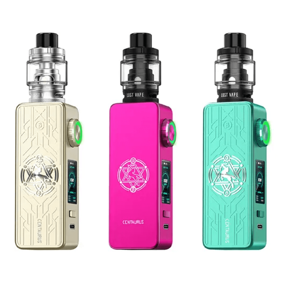 Three Lost Vape Centaurus M100 vape kits in gold, pink, and teal.