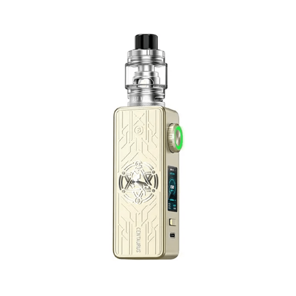 Lost Vape Centaurus M100 kit in gold with intricate design and digital display.