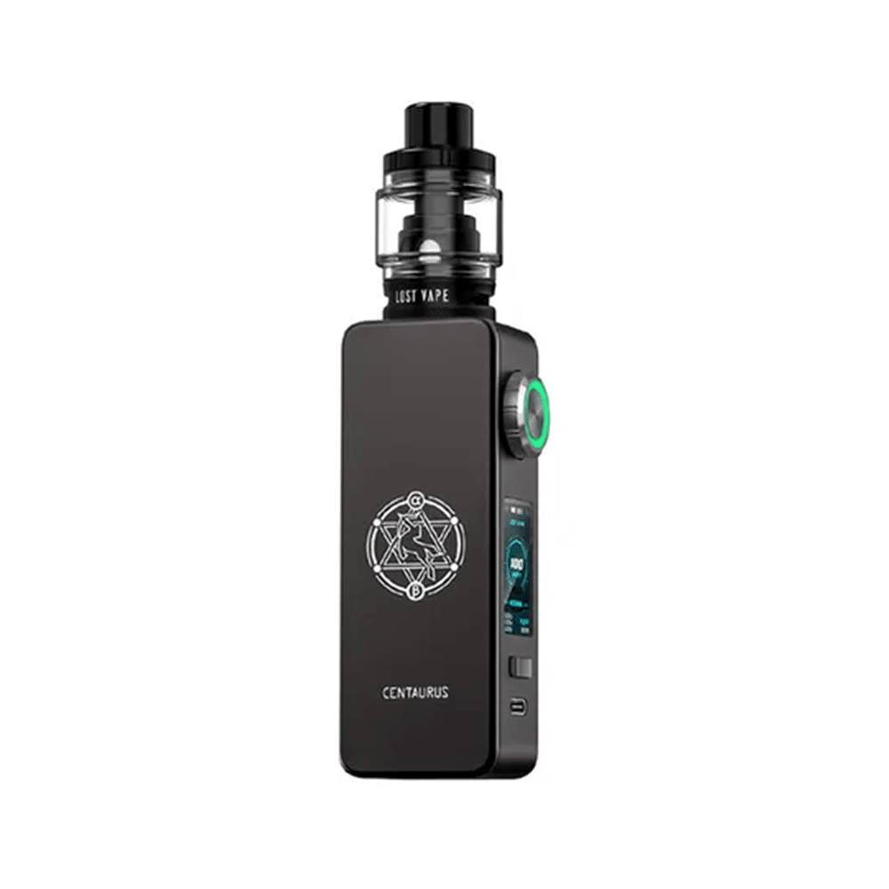 Lost Vape Centaurus M100 vape kit in black with detailed design and display screen.