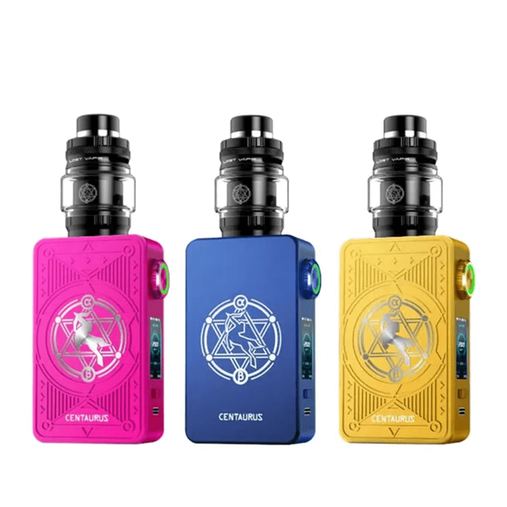 Three Lost Vape Centaurus M200 kits in pink, blue, and yellow with intricate designs.