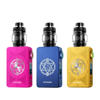 Three Lost Vape Centaurus M200 kits in pink, blue, and yellow with intricate designs.