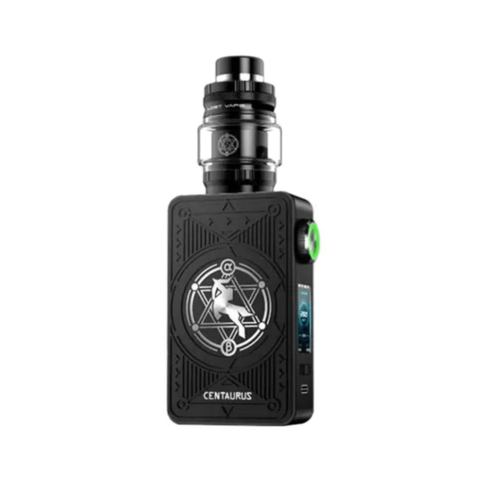 Lost Vape Centaurus M200 kit in black with intricate design and tank, displayed on a white background.