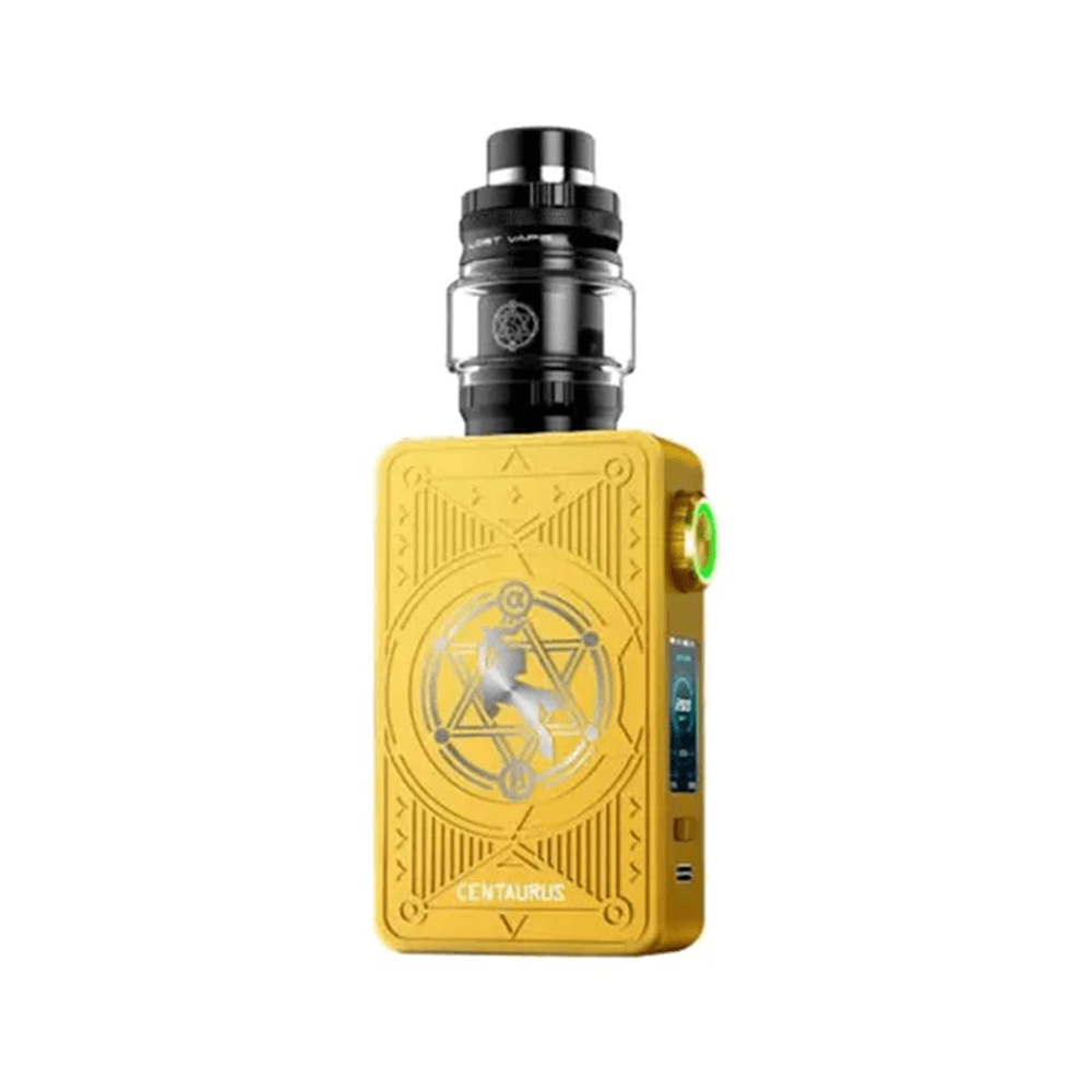 Lost Vape Centaurus M200 Kit in yellow with intricate design and tank on top.