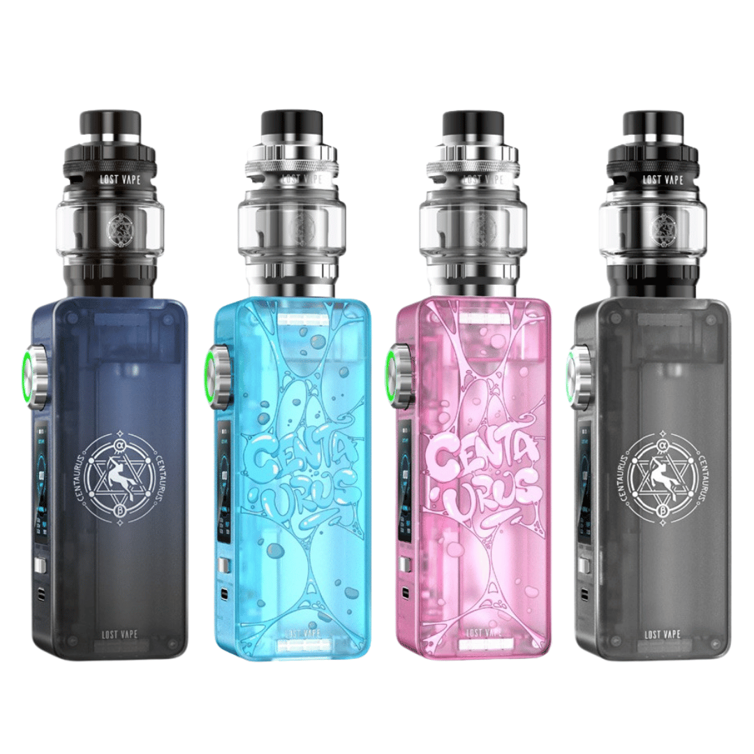 Four Lost Vape Centaurus N100 kits in black, blue, pink, and grey with intricate designs.