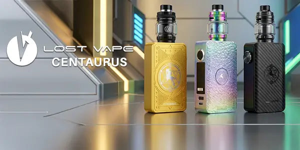 Three Lost Vape Centaurus box mod vape kits in gold, iridescent rainbow, and carbon fiber black finishes, displayed with matching tanks.