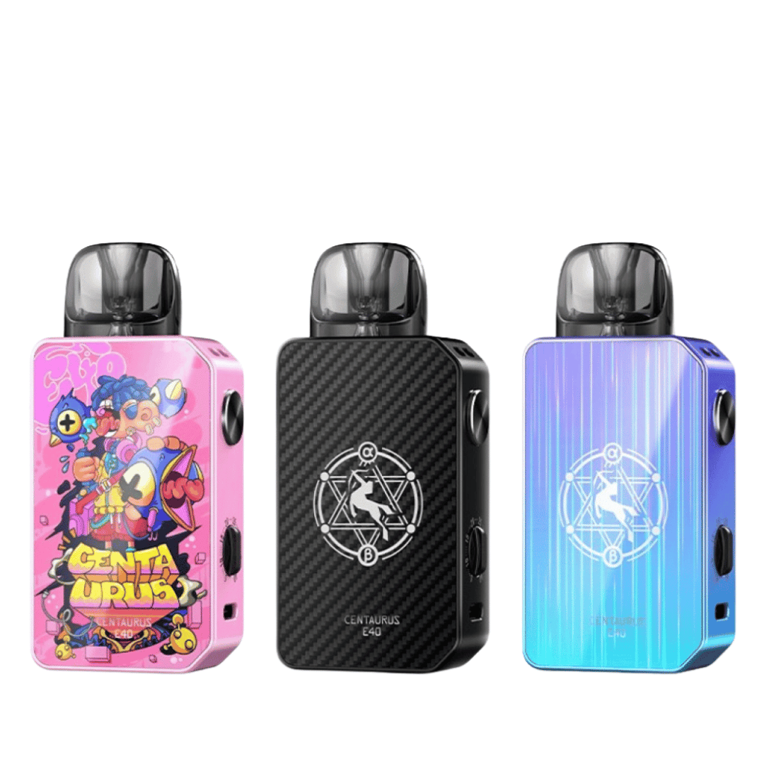 Three Lost Vape Centaurus E40 Pod Kits in pink, black, and blue with unique designs.