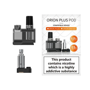 Lost Vape Orion Plus refillable pod and coil, with nicotine warning label.