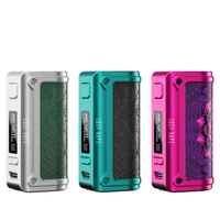 Three Lost Vape Thelema Mini 45W Mods in silver, teal, and pink with intricate designs.