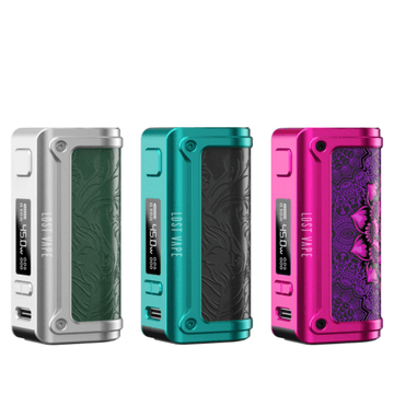 Three Lost Vape Thelema Mini 45W Mods in silver, teal, and pink with intricate designs.