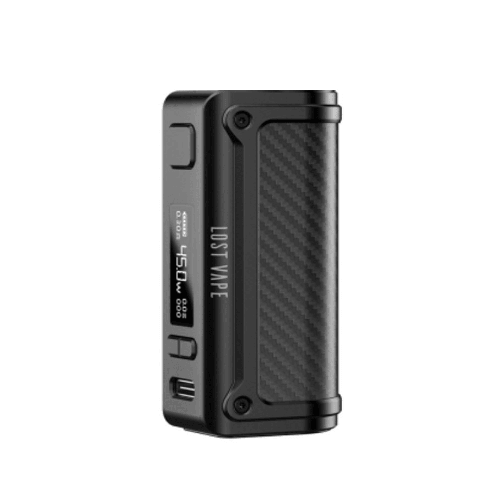 Lost Vape Thelema Mini 45W Mod in black with carbon fibre detailing, side view.