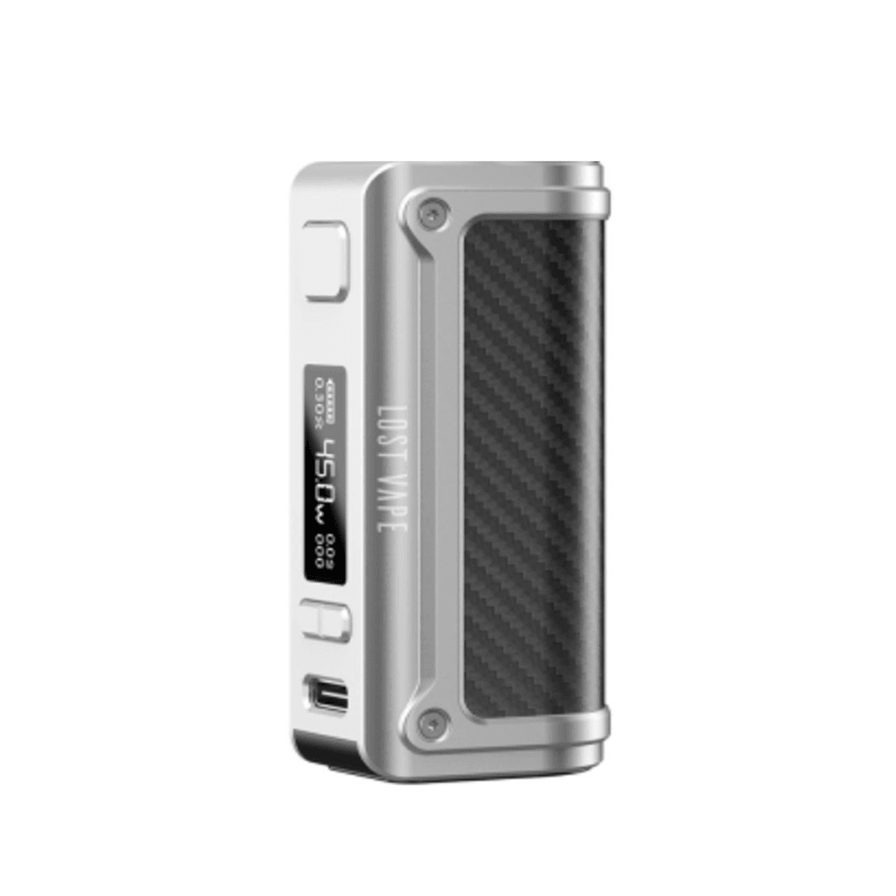 Silver Lost Vape Thelema Mini 45W Mod with carbon fibre grip and digital display.