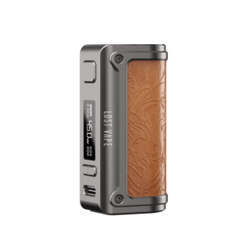 Lost Vape Thelema Mini 45W mod with brown textured grip and digital display.