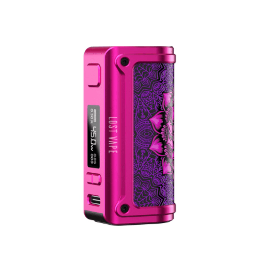 Lost Vape Thelema Mini 45W Mod in vibrant pink with intricate floral design.