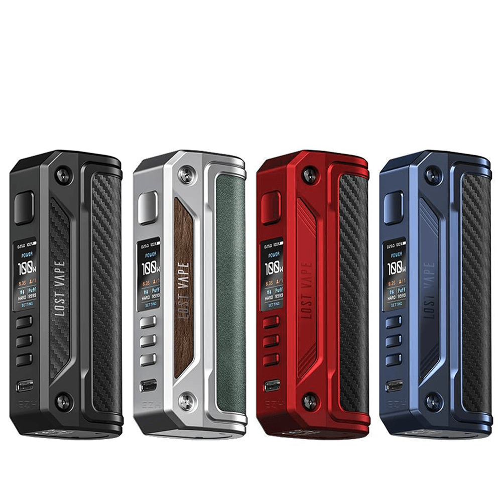 Lost Vape Thelema Solo box mods in black, silver, red, and blue with textured grips.