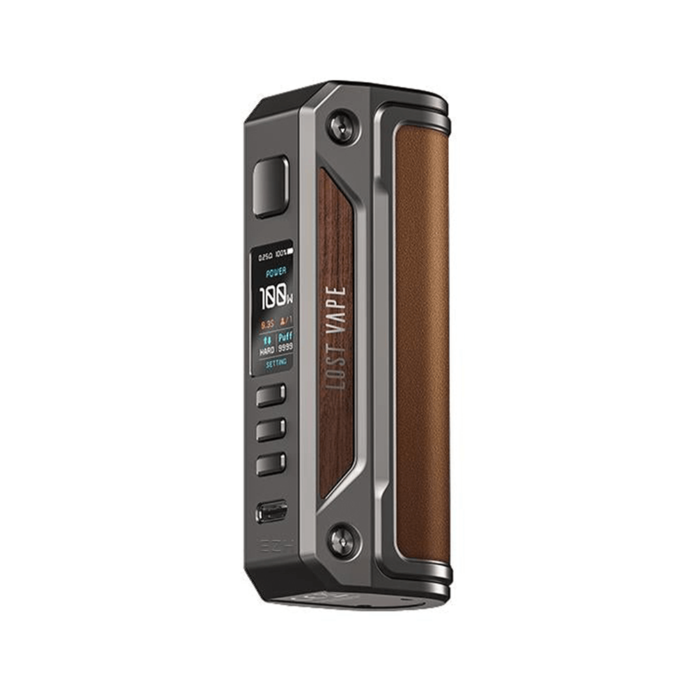 Lost Vape Thelema Solo Box Mod with wood finish and digital display.