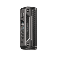 Lost Vape Thelema Solo Box Mod in black with a carbon fibre design, on a white background.