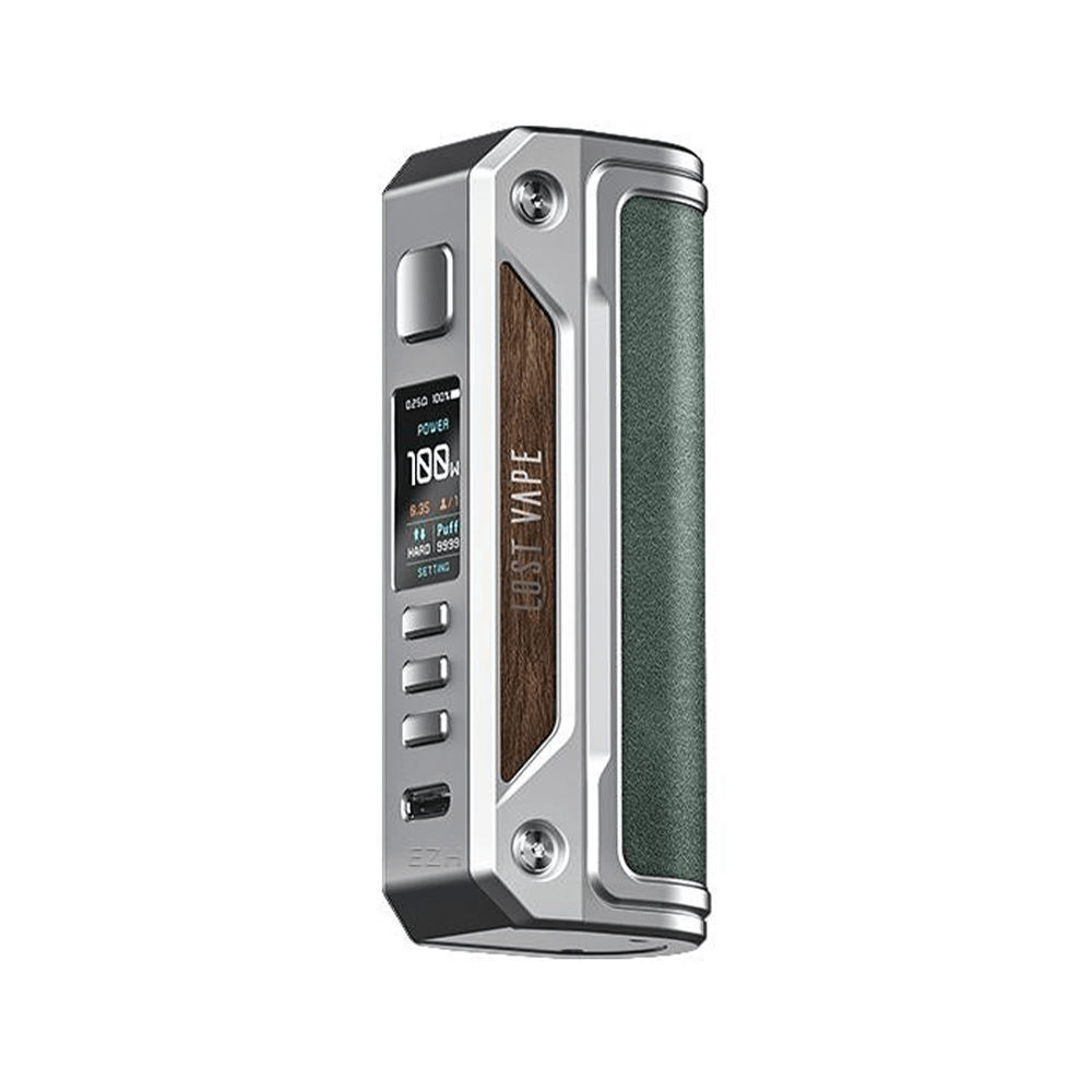 Lost Vape Thelema Solo box mod with wood and green accents, displayed on a white background.