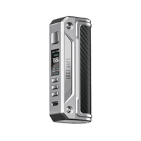 Silver Lost Vape Thelema Solo box mod with display and carbon fibre grip.