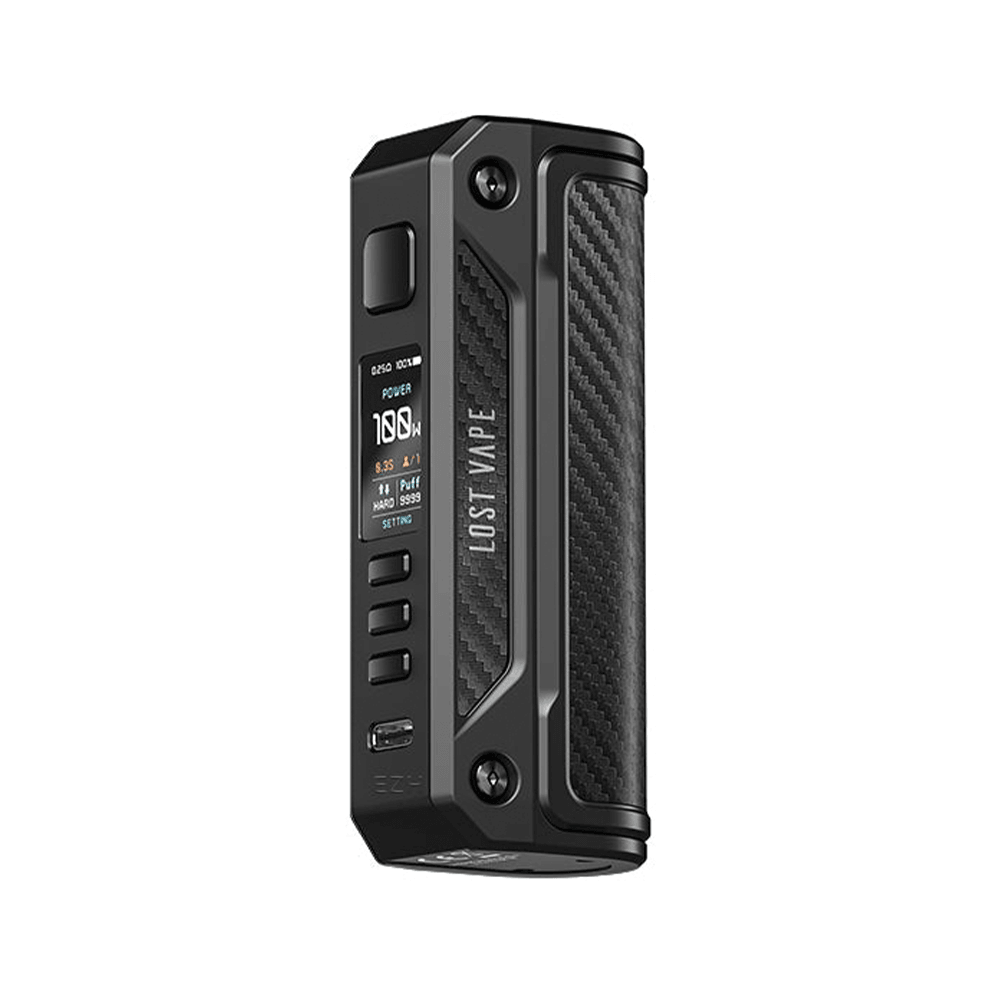 Lost Vape Thelema Solo box mod in black with carbon fibre detail and digital display.