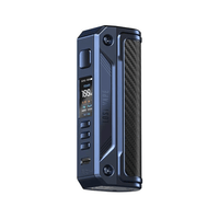 Sleek blue Lost Vape Thelema Solo box mod with carbon fiber grip and digital display.