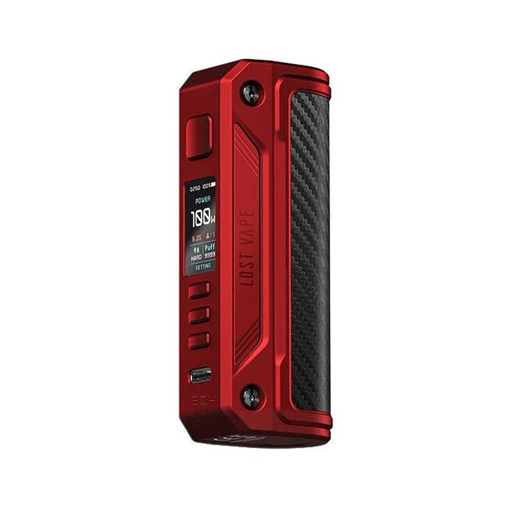 Red Lost Vape Thelema Solo Box Mod with carbon fibre grip and digital display.