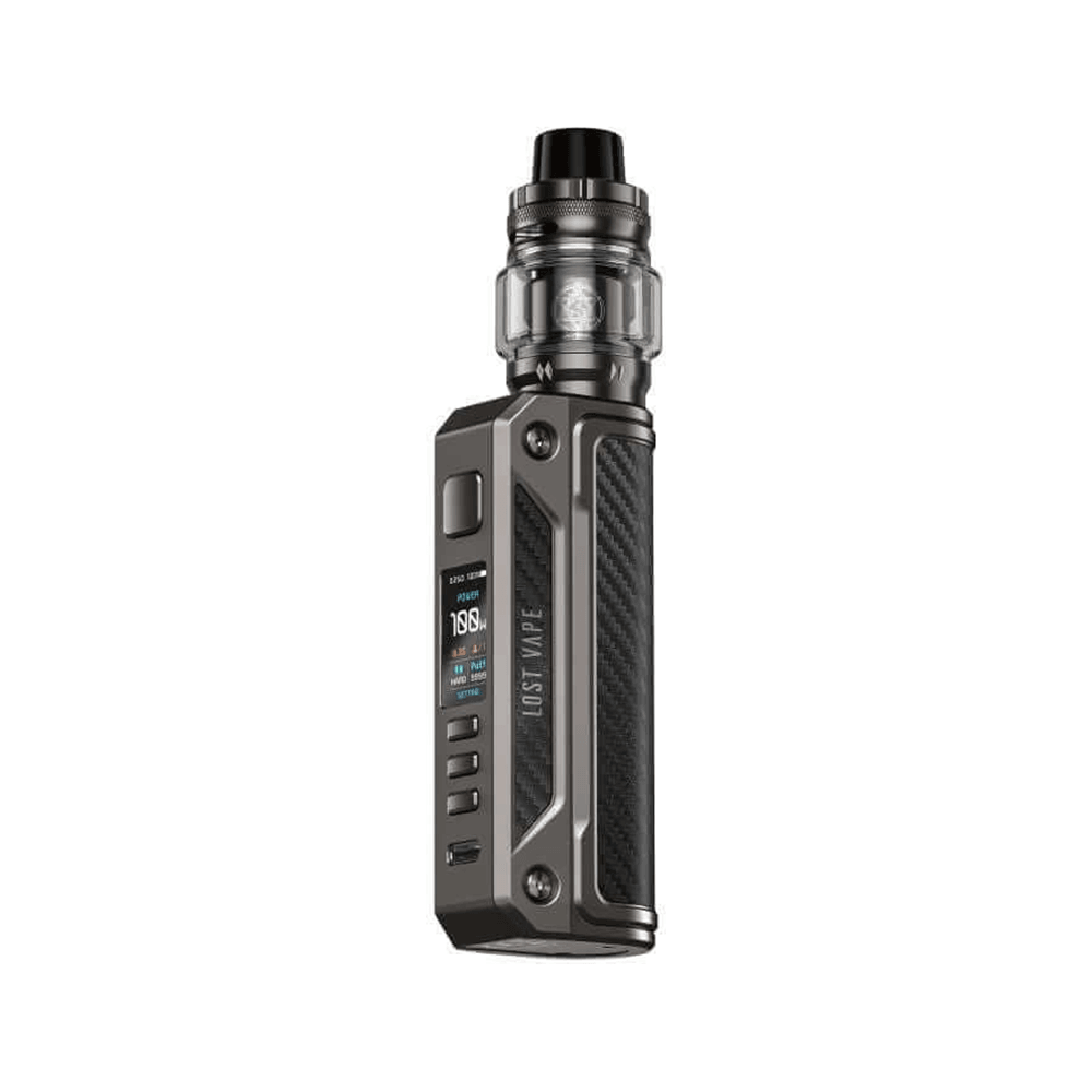 Lost Vape Thelema Solo Kit, sleek black design with digital display and textured grip.