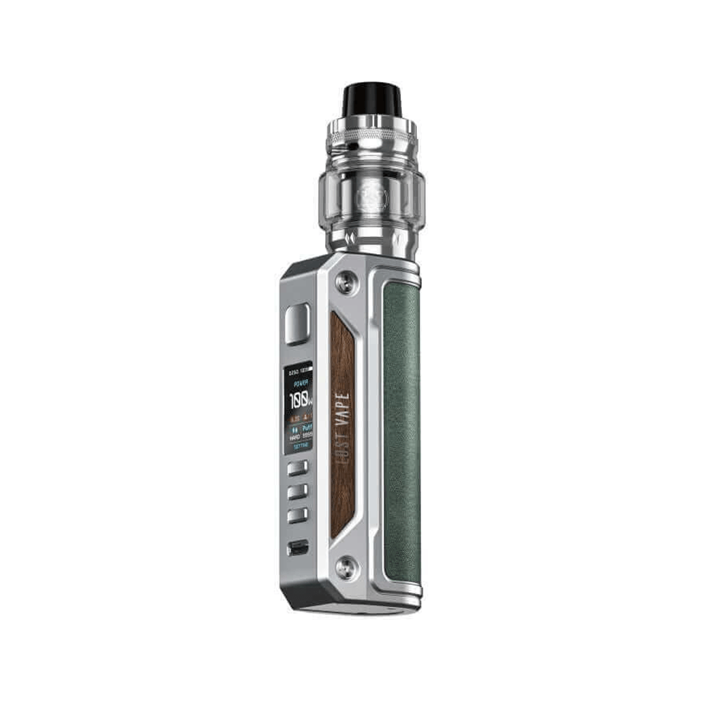 Silver and green Lost Vape Thelema Solo Kit with digital display.