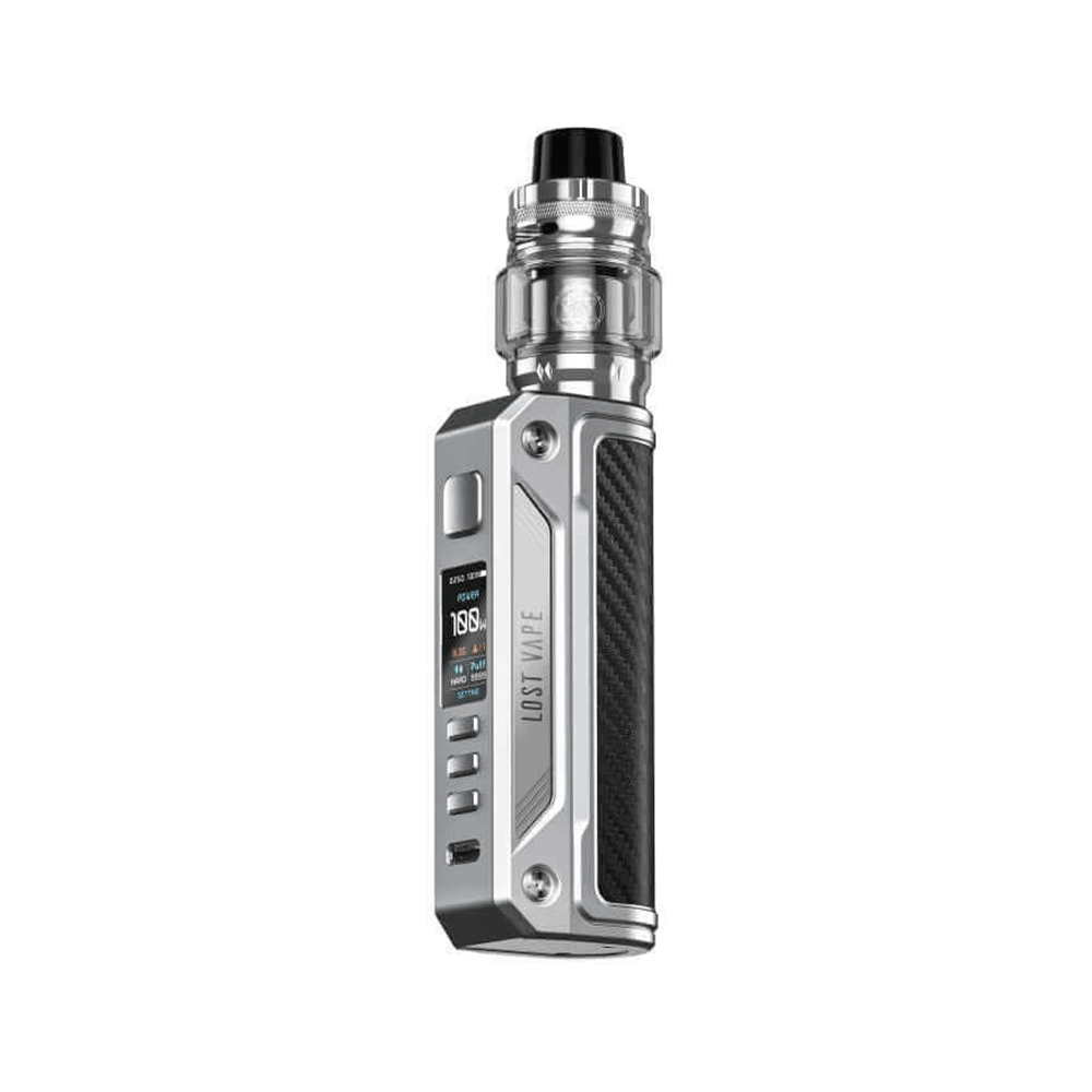 Sleek silver and black Lost Vape Thelema Solo kit with digital display.