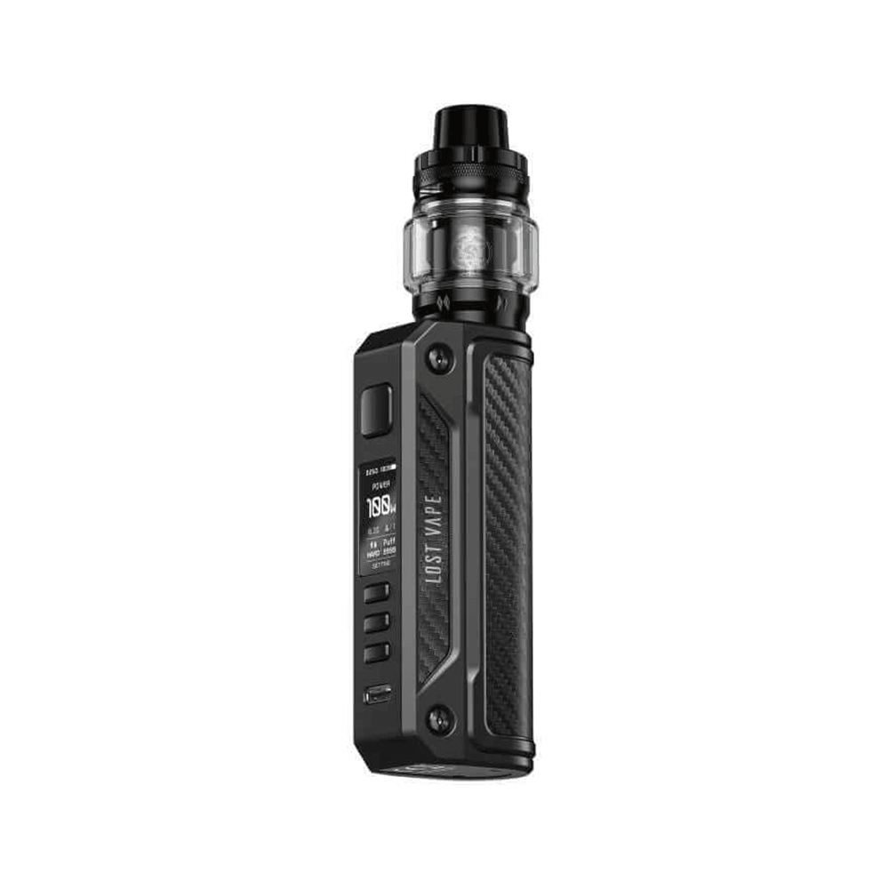 Black Lost Vape Thelema Solo kit with carbon fibre design and digital display.