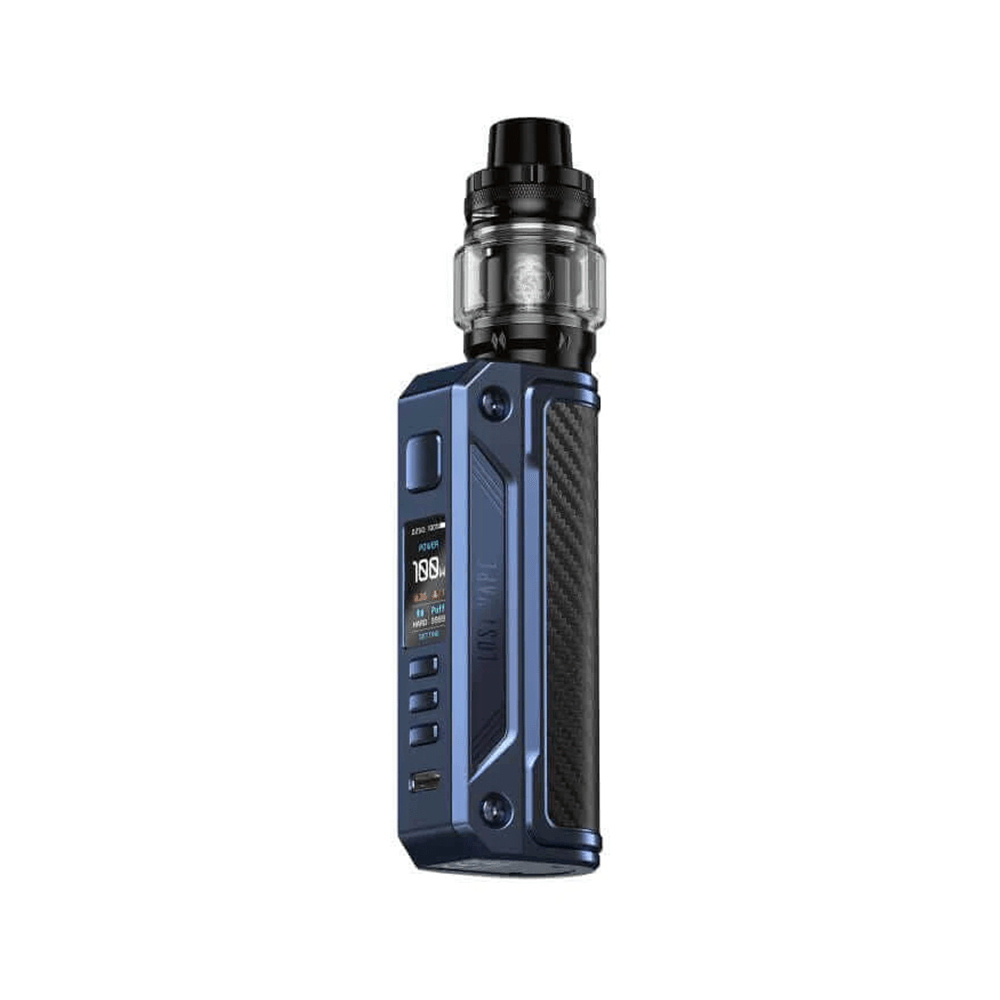 Blue Lost Vape Thelema Solo Kit with display and tank, sleek design.