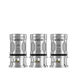 Three Lost Vape UB Ultra replacement coils, models M6, M7, and M8, displayed in a row.