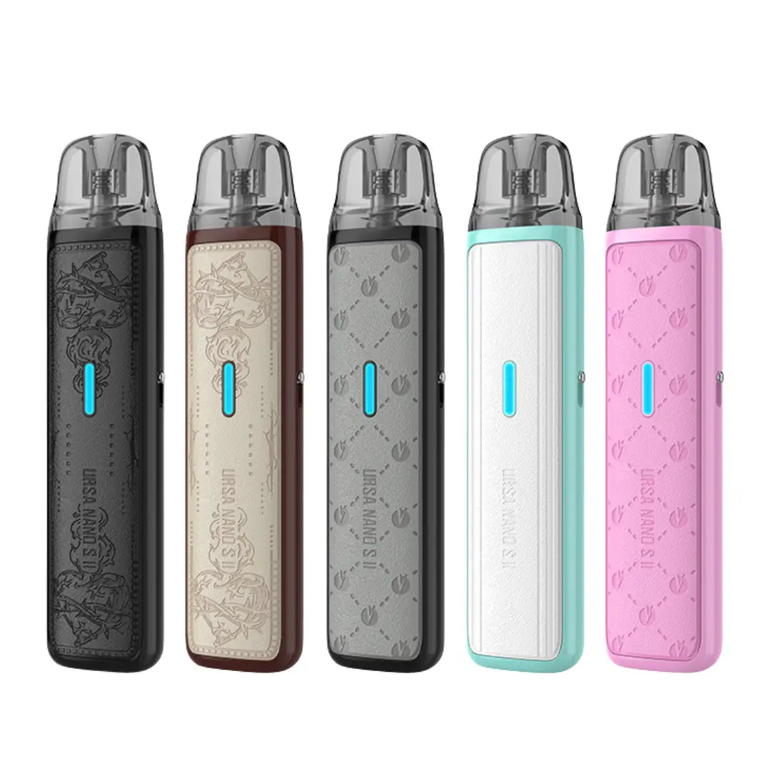 Five Lost Vape Ursa Nano S2 pod kits in various colours lined up vertically.