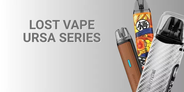Lost Vape Ursa Series with 3 ursa vape kits on a grey gradient background.