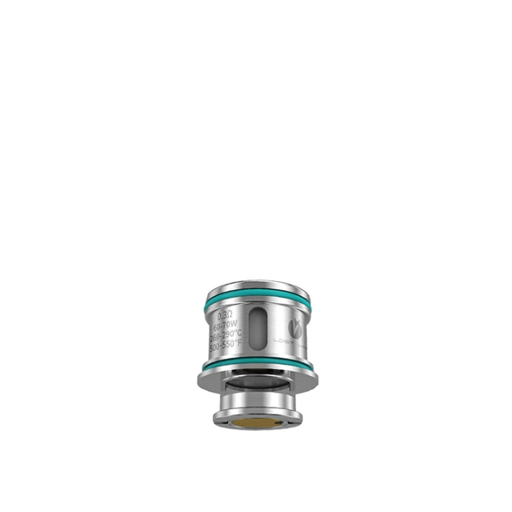 Lost Vape Ursa UB Pro replacement coil, silver with teal accents, isolated on white background.