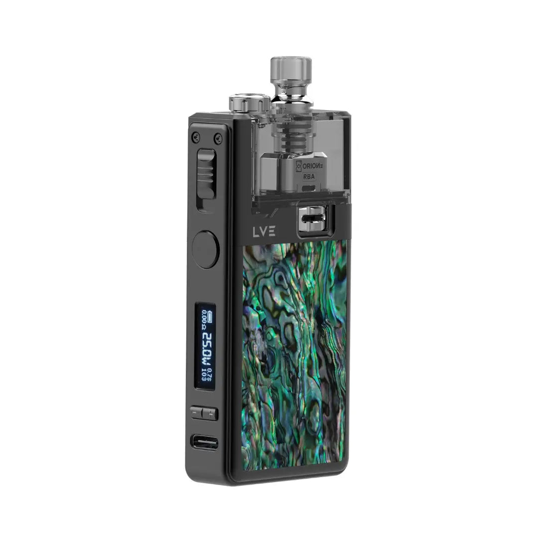 LVE Orion II Pod Kit Abalone RBA Edition in black, featuring an intricate abalone design.