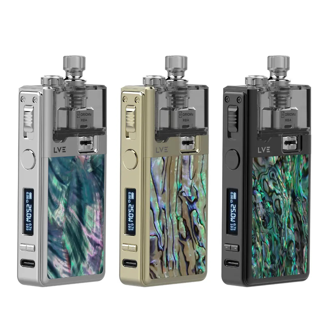 LVE Orion II Pod Kits in silver, gold, and black with abalone designs.