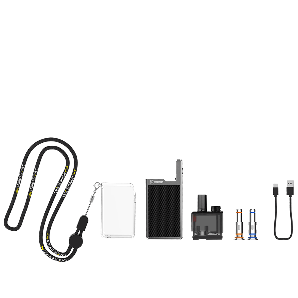 LVE Orion Pico Pod Kit with lanyard, two coils, USB cable, and clear case displayed on white background.