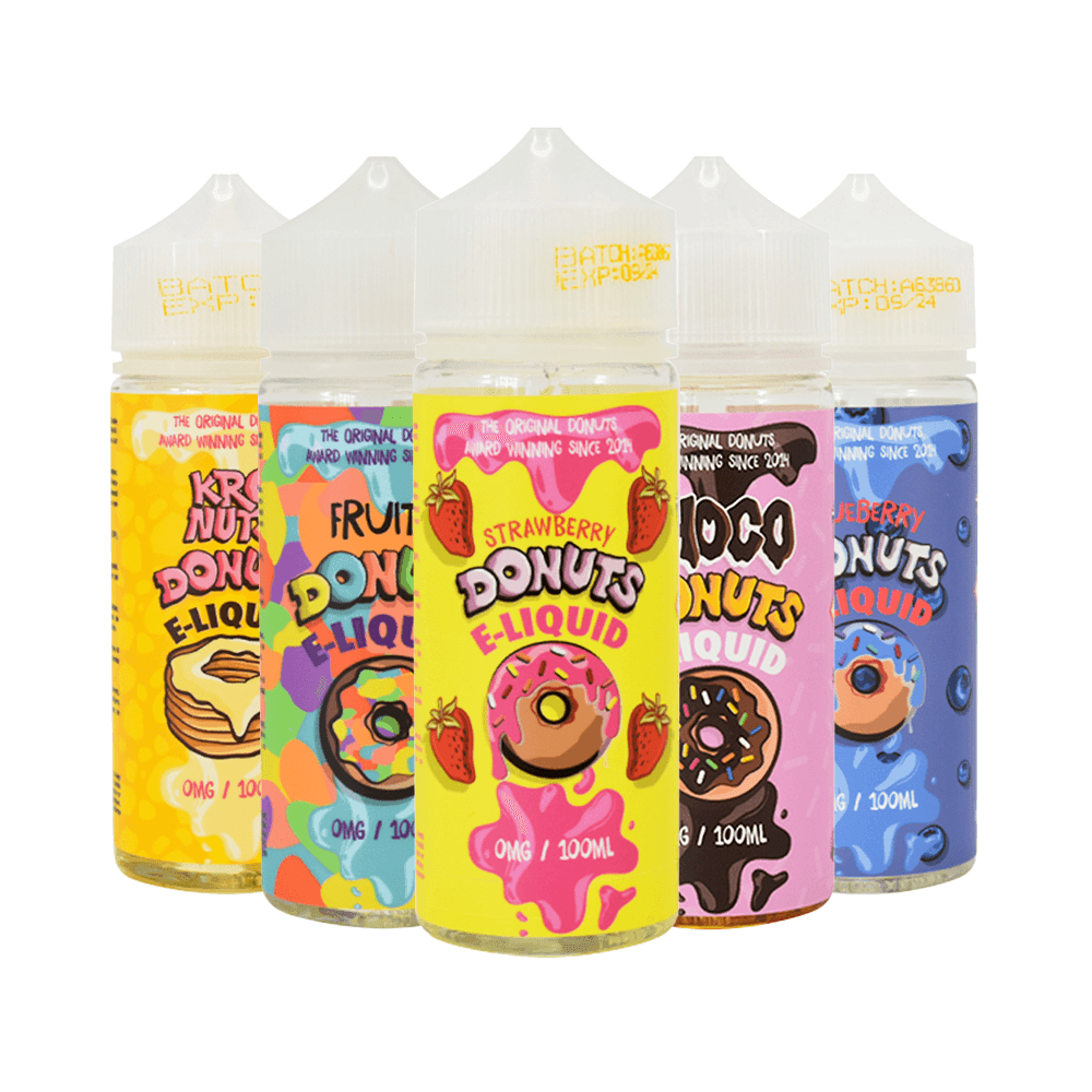 Five colourful bottles of Marina Vapes Donuts e-liquid, featuring vibrant donut designs.