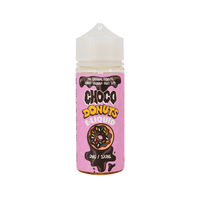 Choco Donuts e-liquid bottle, 100ml, with pink label and donut graphic.