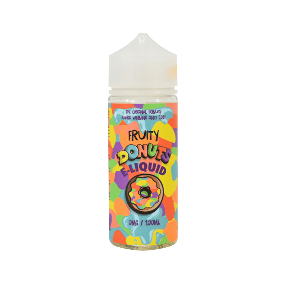 Colourful bottle of Fruity Donuts e-liquid, 100ml, with a vibrant doughnut design.